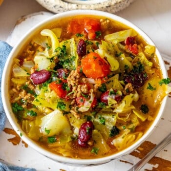 A One Pot Hamburger Cabbage Soup with vegetables.