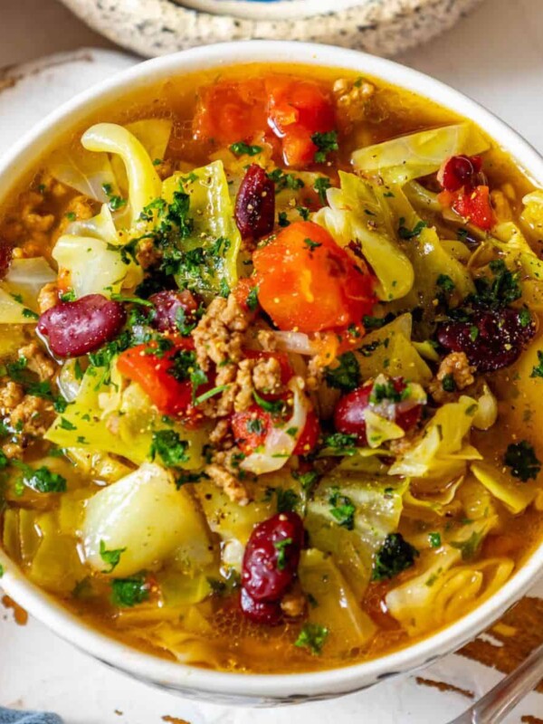 A One Pot Hamburger Cabbage Soup with vegetables.