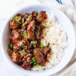 A bowl of rice with Korean beef and peppers, cooked in Instant Pot.