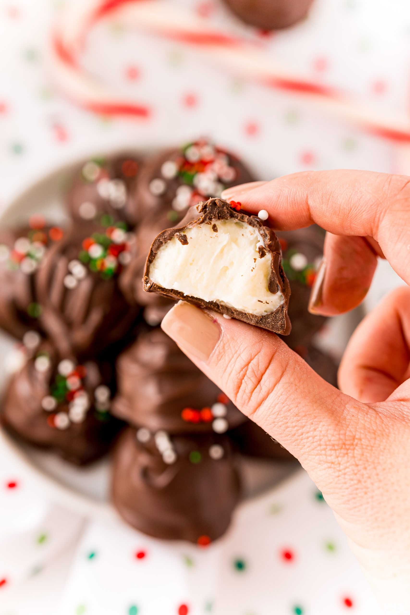A person holding a peppermint buttercream candy cane on a plate.