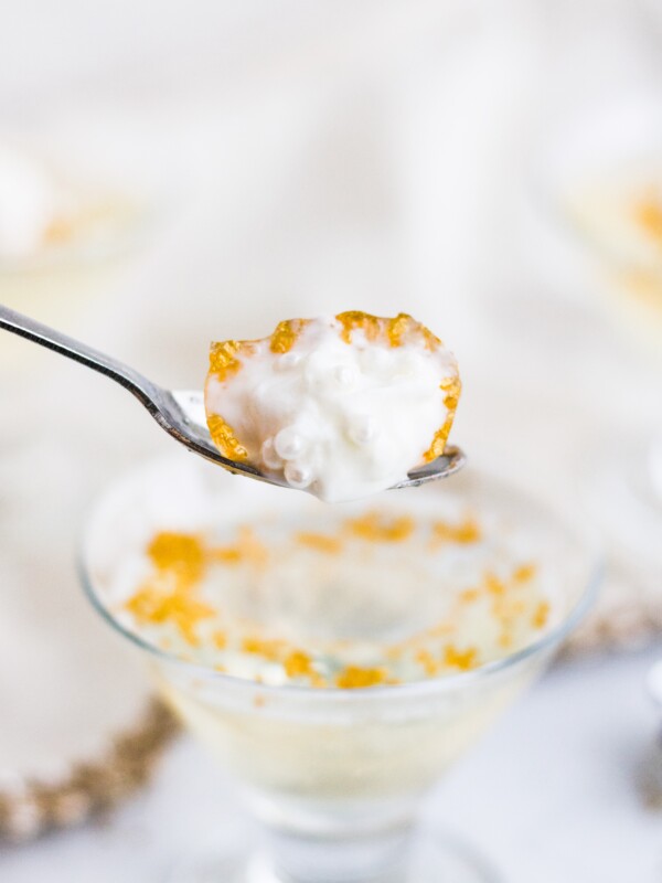 A champagne jello shot recipe with a spoonful of whipped cream and orange zest.