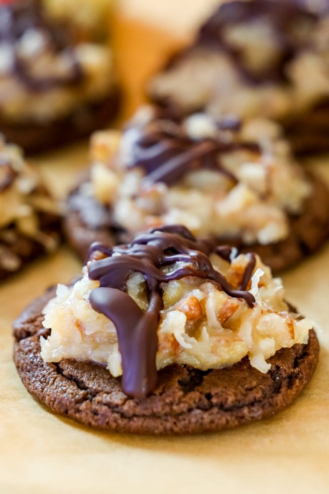 chocolate cookies covered in coconut and nut mixture and a drizzle of chocolate