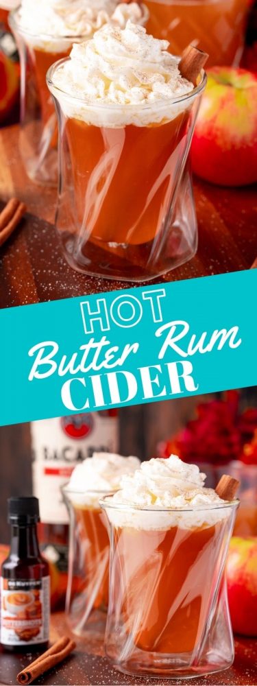 butter rum cider in a glass with whipped cream and cinnamon sticks