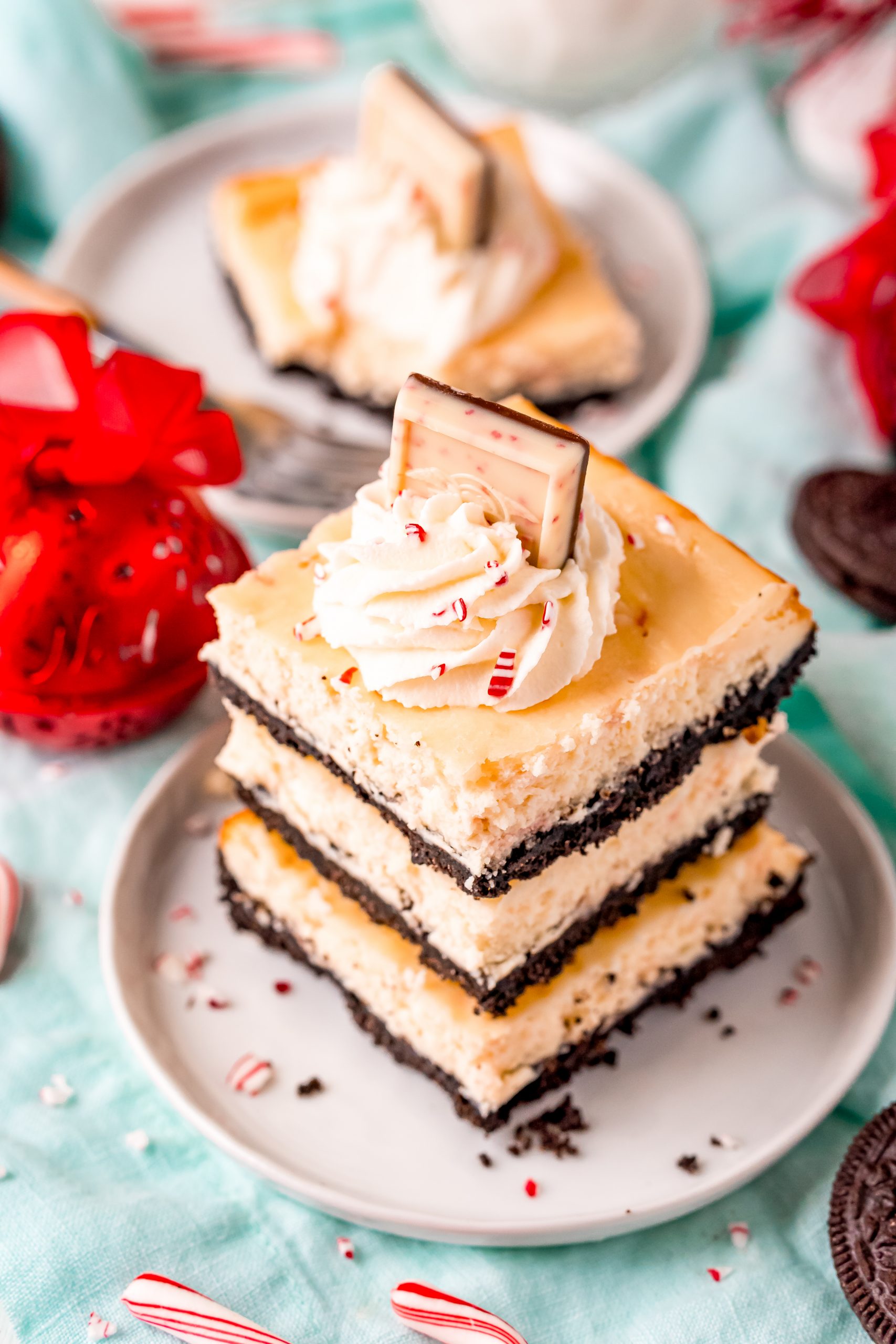 A plate of peppermint cheesecake bars.