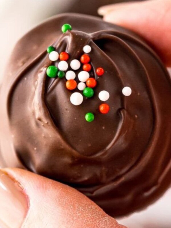 a hand holding a chocolate buttercream candy with green, white, and red sprinkles