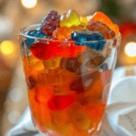 A clear glass filled with Negroni gummy bears in a liquid sits on a white surface, with blurred lights twinkling softly in the background.