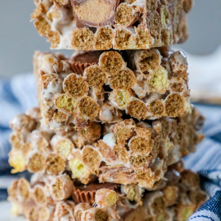 A stack of Reeses cereal treats stacked on top of each other.