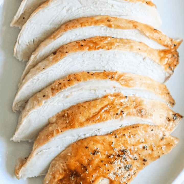 picture of sliced roasted turkey breast on a white plate