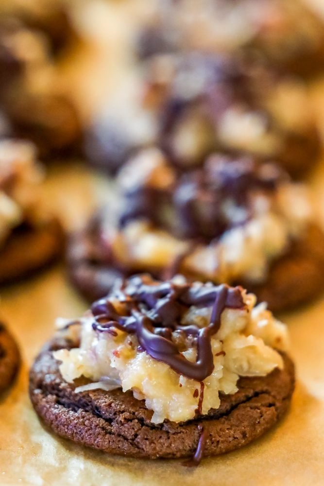 chocolate cookies covered in coconut and nut mixture and a drizzle of chocolate