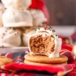Close-up of a partially eaten white chocolate-covered gingerbread truffle with sprinkles on a gingham cloth. A stack of more gingerbread truffles is visible in the background.