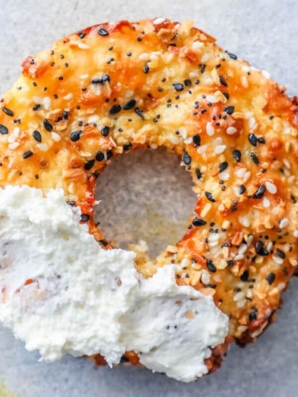 picture of a keto everything bagel with cream cheese on it