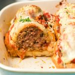 Meatloaf with cheese and sauce cooked in a meatball sub bake.