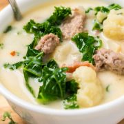 A keto soup recipe featuring zuppa toscana with tuscan kale.