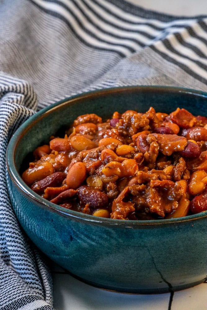 bacon and beef with beans in bbq sauce