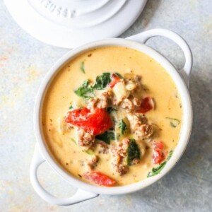 Creamy Keto Sausage Soup with meat and vegetables.