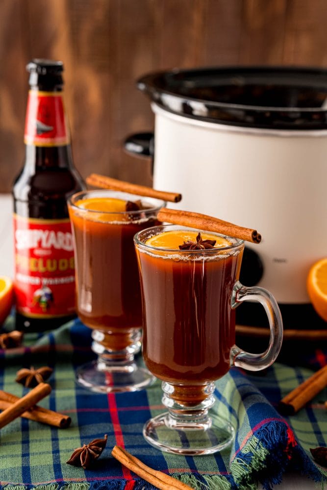 picture of a glass mug with mulled beer, an orange slice, star of anise, and cinnamon stick in it