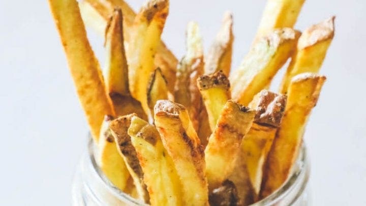 picture of air fried french fries in a glass jar