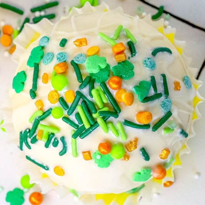 St. Patrick's Day cupcake with green frosting and sprinkles.