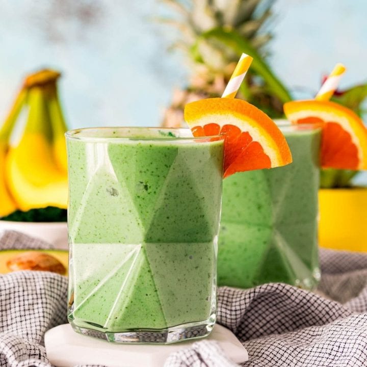 tropical blended smoothie on a table