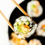 Japanese sushi rolls with chopsticks on a plate, prepared using an easy vegan sushi recipe.