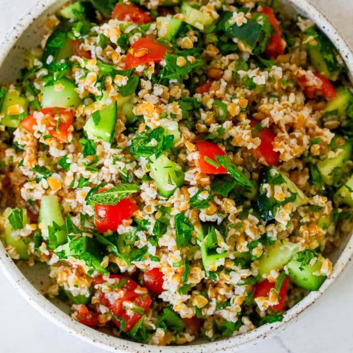 An easy tabbouleh salad made with tomatoes and cucumbers