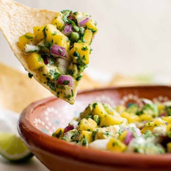 A spoonful of mango salsa being dipped into a bowl, featuring avocado fruit salsa.