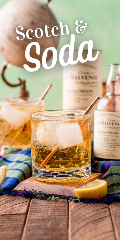 picture of scotch and soda with a slice of lemon in a glass with ice