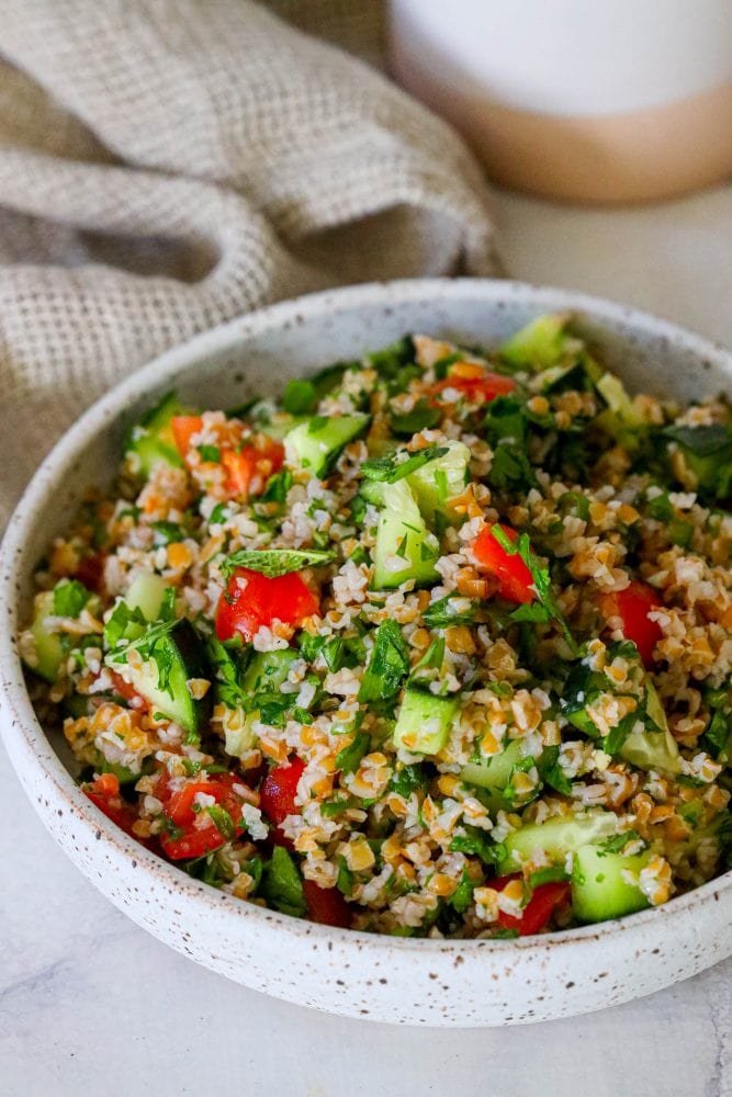 picture of tabbouleh in a bowl on a table