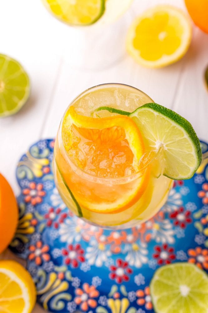 picture of a wine goblet with slices of citrus, ice, port, and tonic on a table