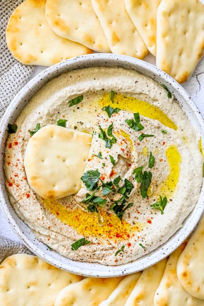 picture of pita in a dish with baba ganoush 