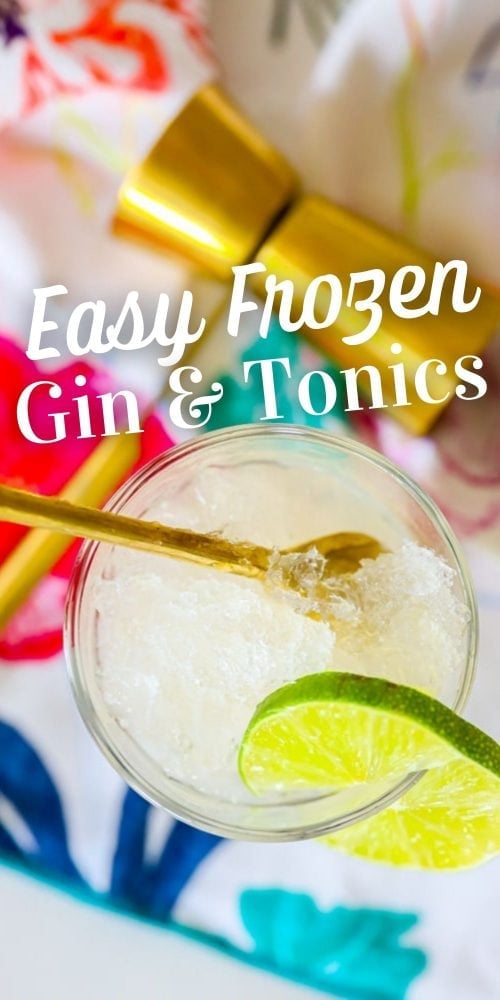 picture of frozen gin and tonics in a glass with the text frozen gin and tonic cocktail printed over the picture