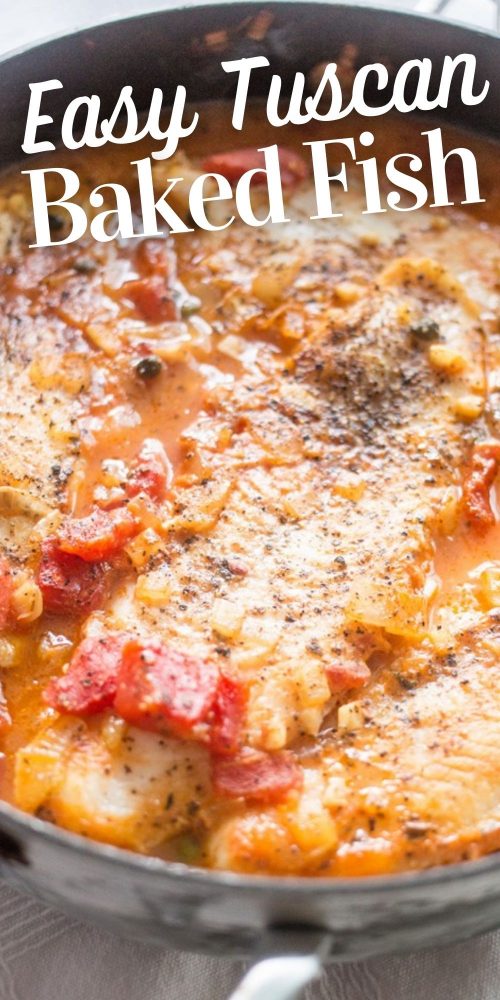 baked fish with capers and tomatoes on it in tomato sauce