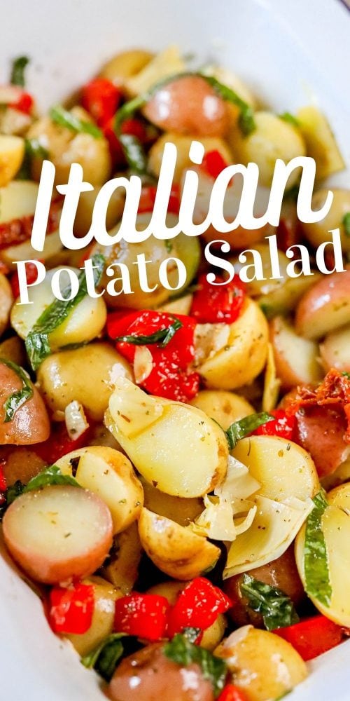 picture of potatoes, basil, artichokes, sun dried tomatoes, and roasted red peppers in a bowl 