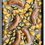 Sheet pan Sausage Bake with zucchini and potatoes.