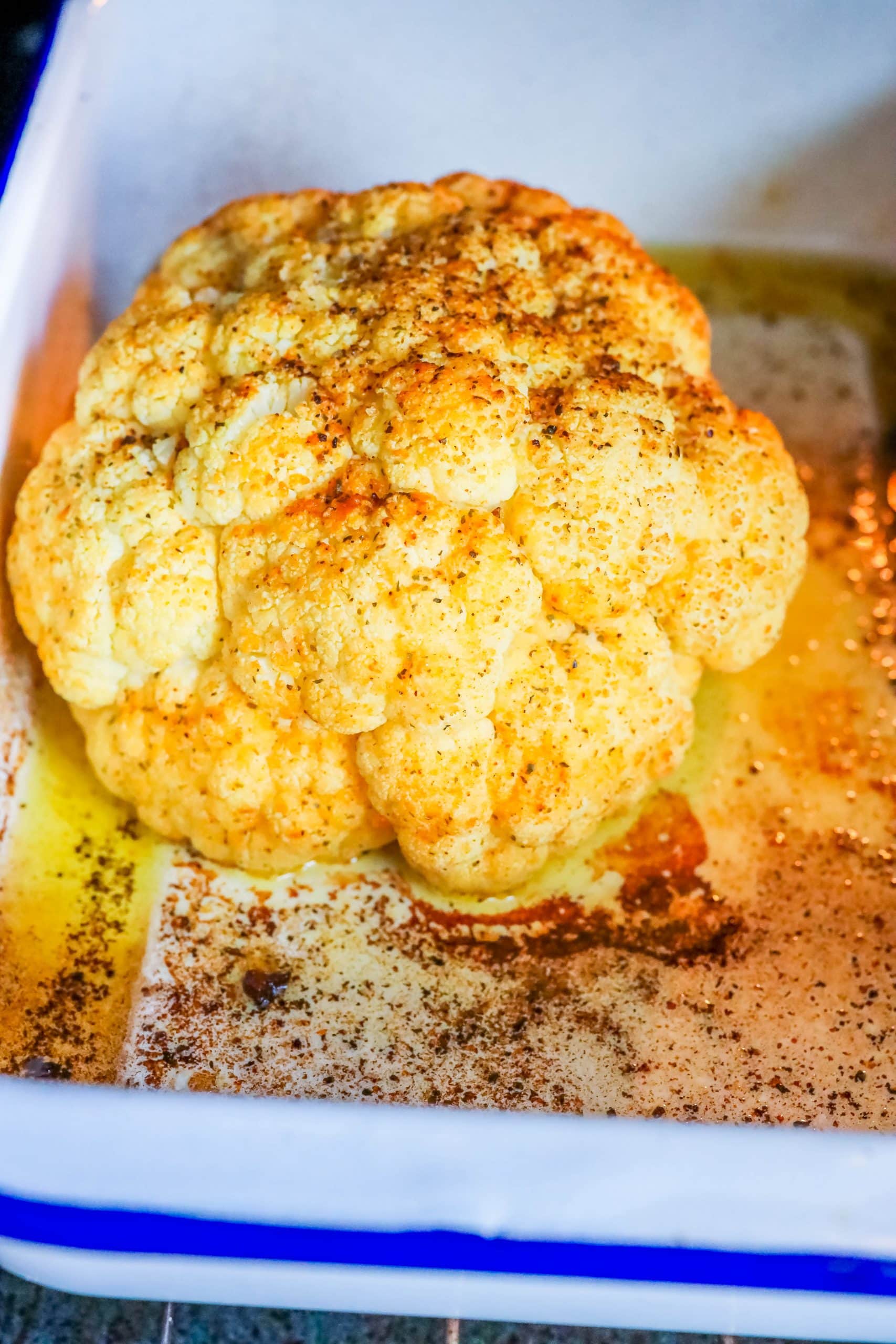 Easy Keto roasted whole cauliflower.