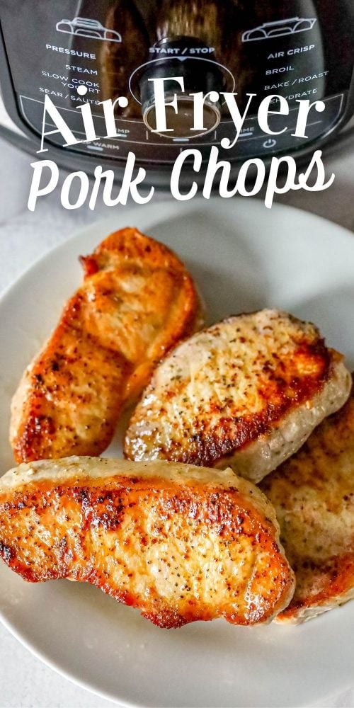picture of pork chops next to an air fryer with the text air fryer pork chops over the picture