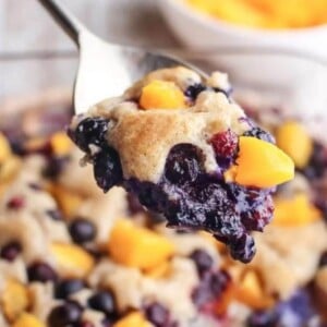 baked cobbler with blueberries and peaches