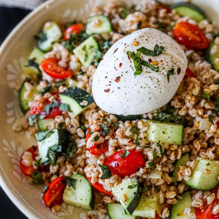 picture of farro salad in a bowl with burrata on top