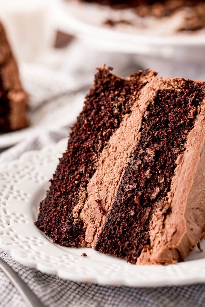 picture of a chocolate layer cake on a white plate