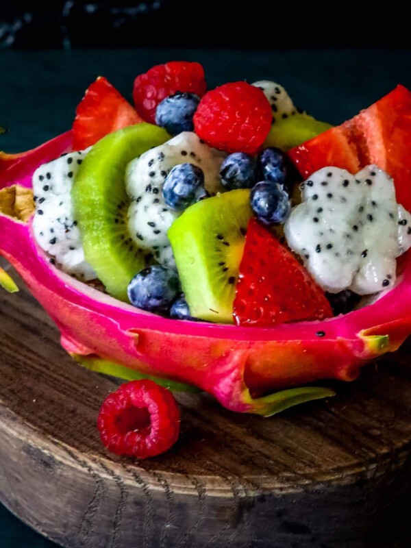 picture of diced fruit salad in a carved out dragonfruit hull
