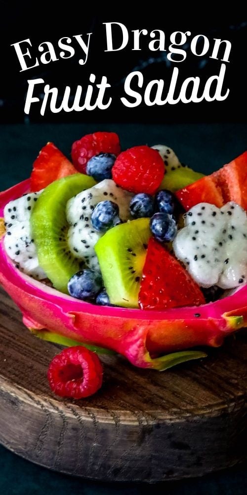 picture of diced fruit salad in a carved out dragon fruit hull