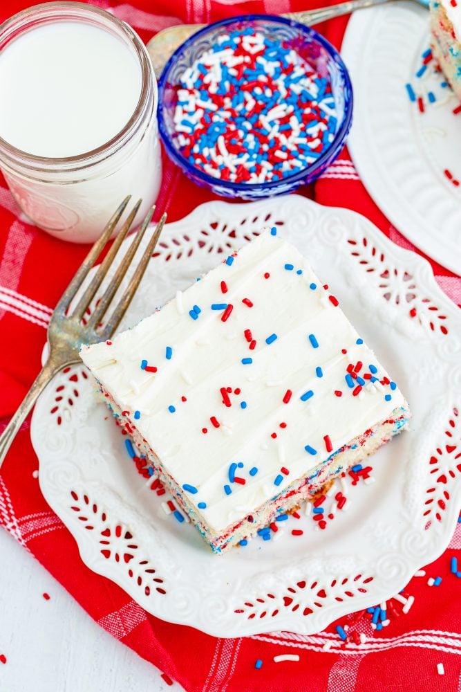 picture of red white and blue funfetti sheet cake on a plate