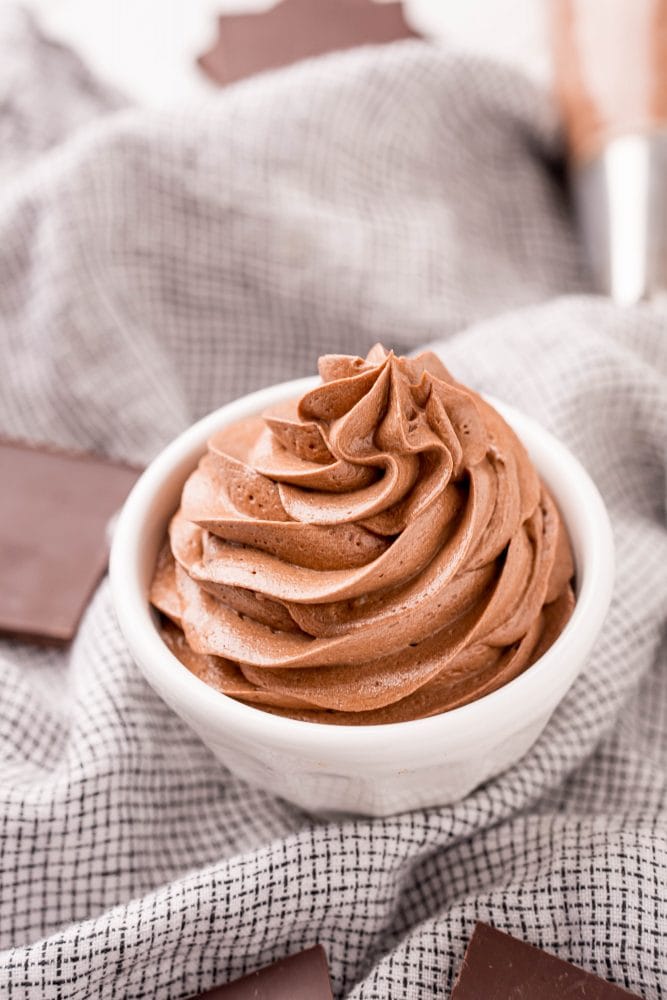 picture of chocolate pudding frosting in a white bowl 