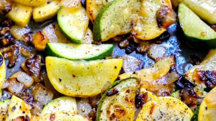 picture of zucchini and summer squash in a pan with onion