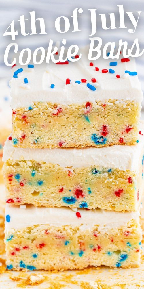 three vanilla bars with red and blue sprinkles in them and on frosting on top