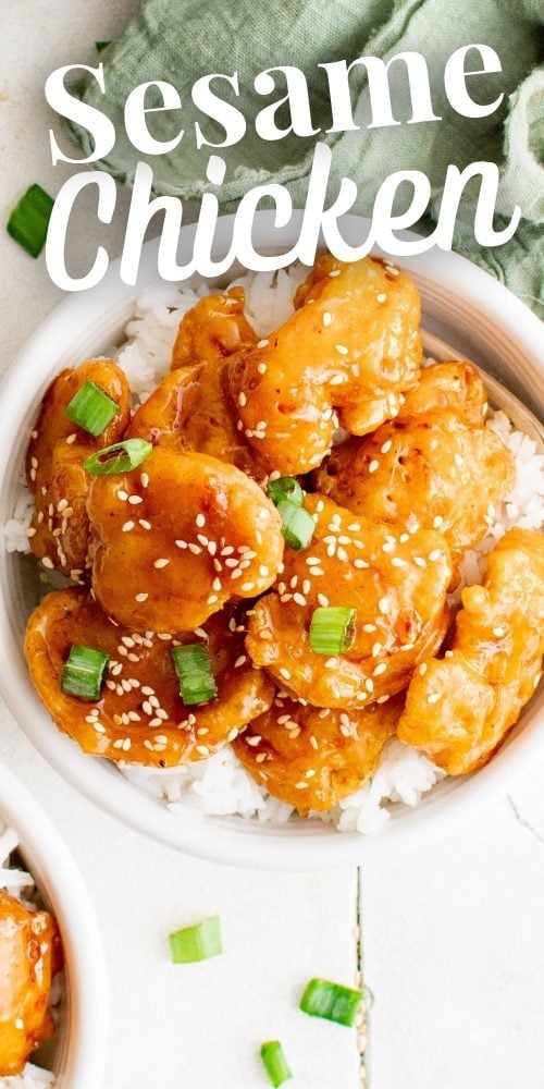 picture of sesame chicken on a bowl of rice