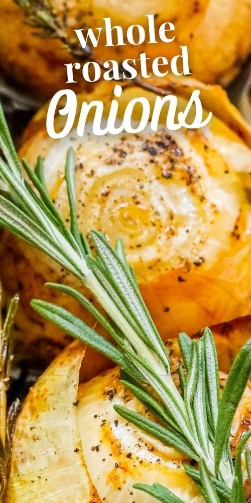 picture of whole roasted onions in a tray with pepper and rosemary 