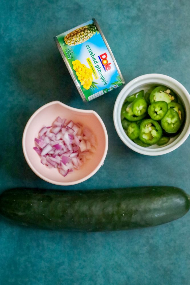 pineapple, jalapeno, cucumber, and red onion