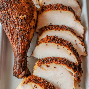 Sliced roast turkey with a crispy seasoned skin, reminiscent of a smoked chicken's rich flavor, is artfully arranged on a white platter.