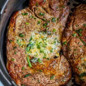 Air fryer recipe for cooking two ribeye steaks.